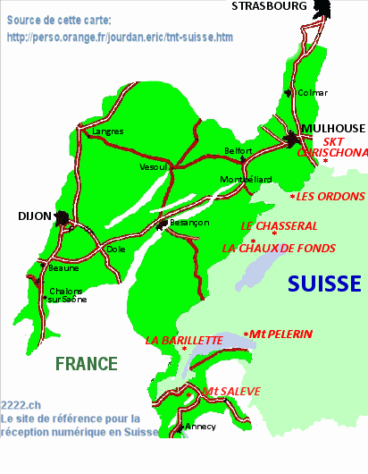 Territoire français susceptible de pouvoir capter la TNT suisse par émetteurs terrestres